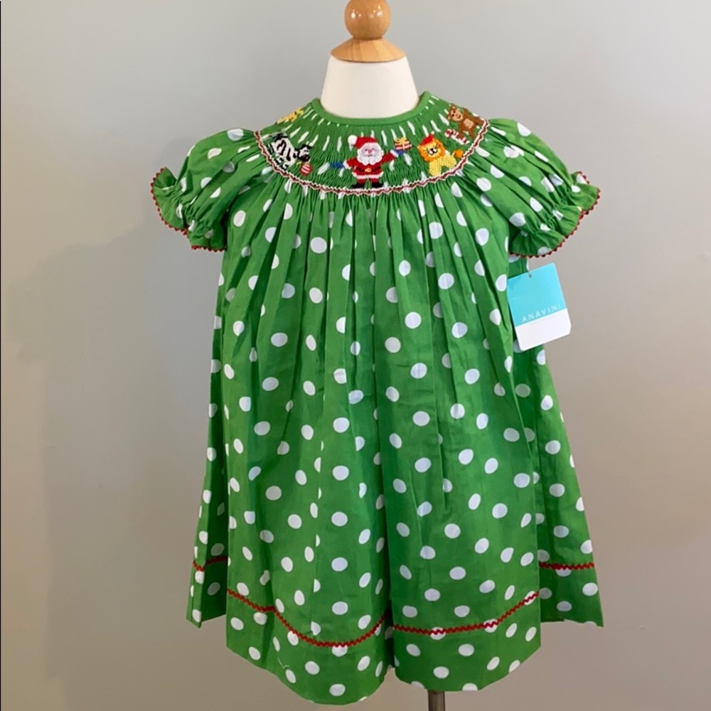 Smocked holiday dress with animals & Santa